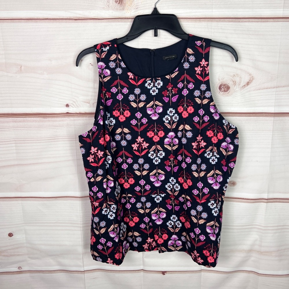 Ann Taylor Top Womens 14 Blue Floral Blouse Sleeveless Linen Blend Round Neck